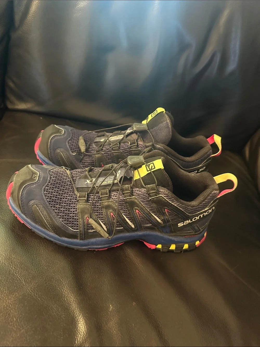 Salomon Trail Runners in Navy with Yellow & Pink Highlights Women's 9.5